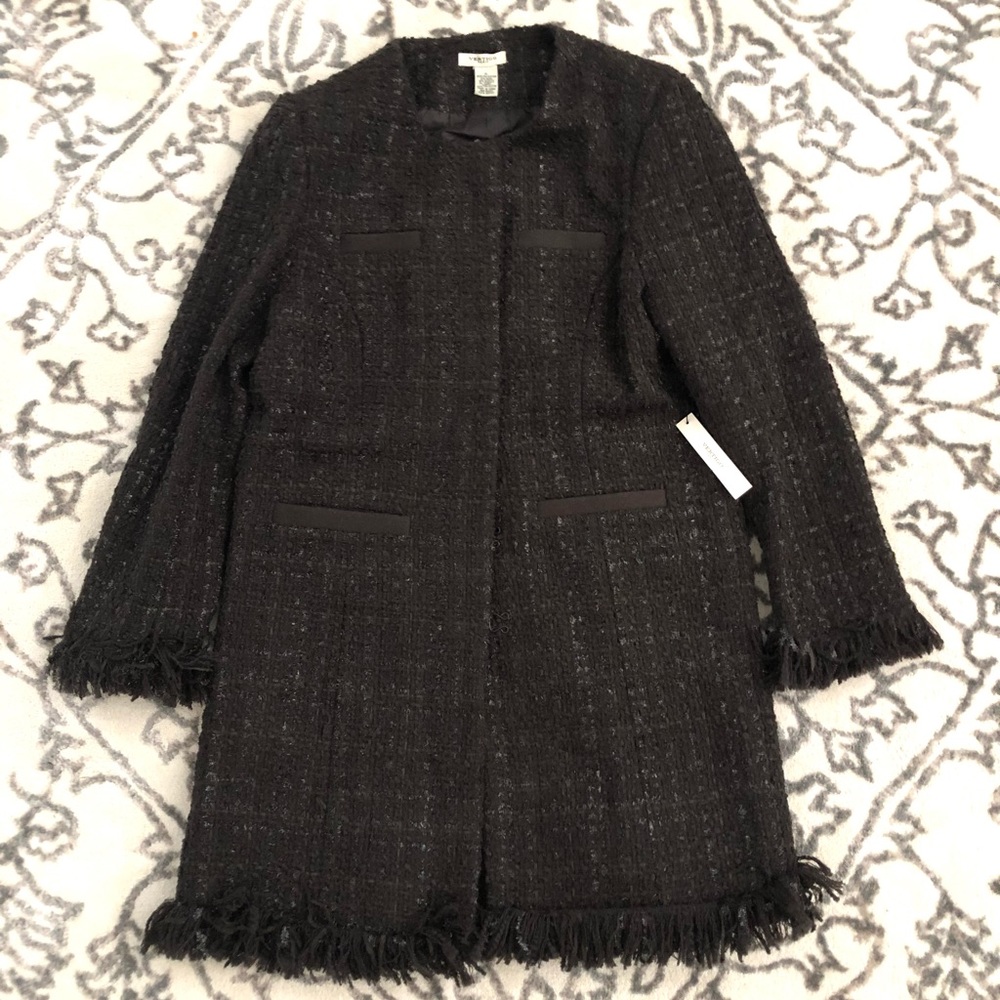 Vertigo Paris Tweed Fringe Boucle Coat Black Coffee Women’s size XL New